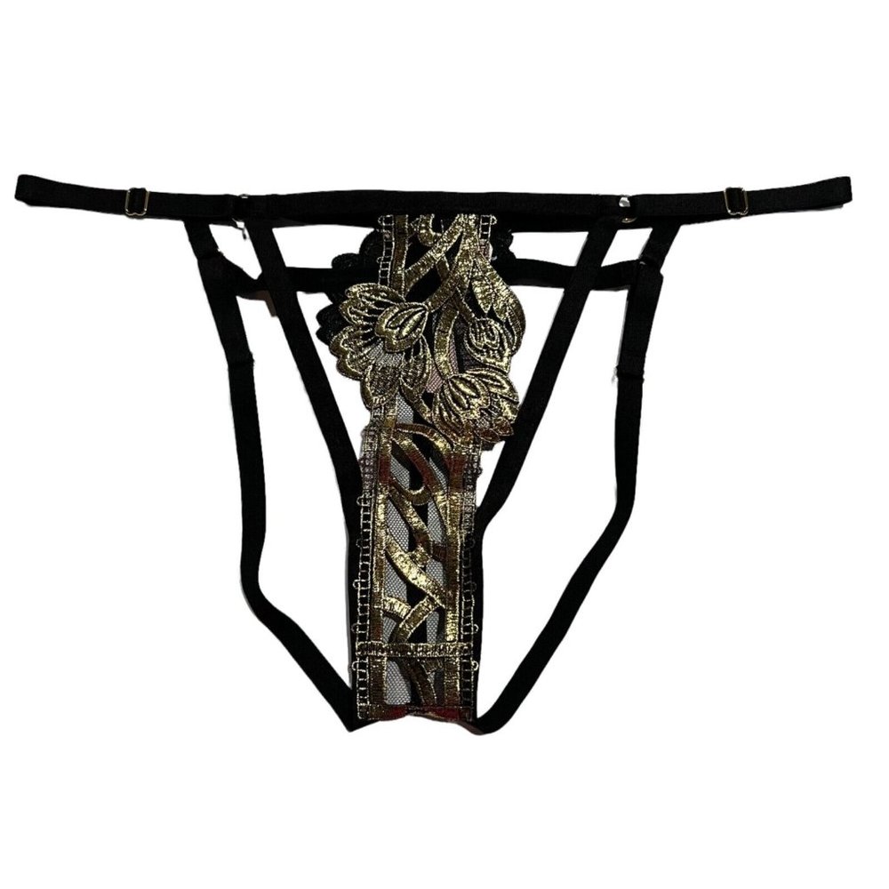 NWT VICTORIA'S SECRET Very Sexy String Bikini Pantie Sz M Black Gold Lace